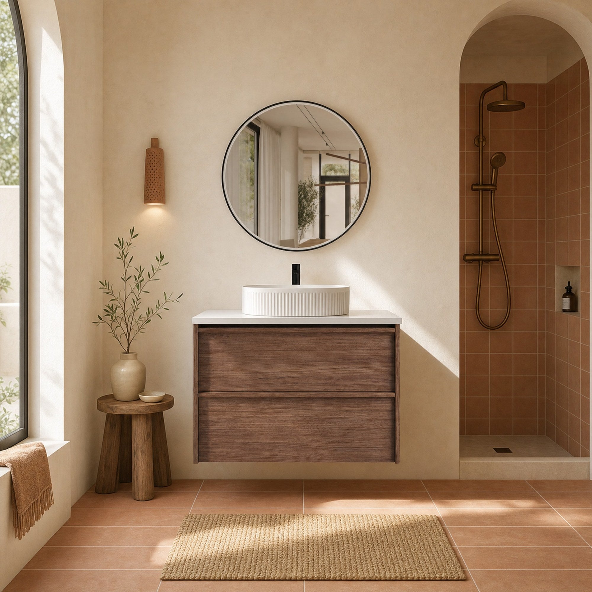 Aulic Venetta wall-hung vanity in Harvest Oak, shown in a bathroom with white top and round basin above.