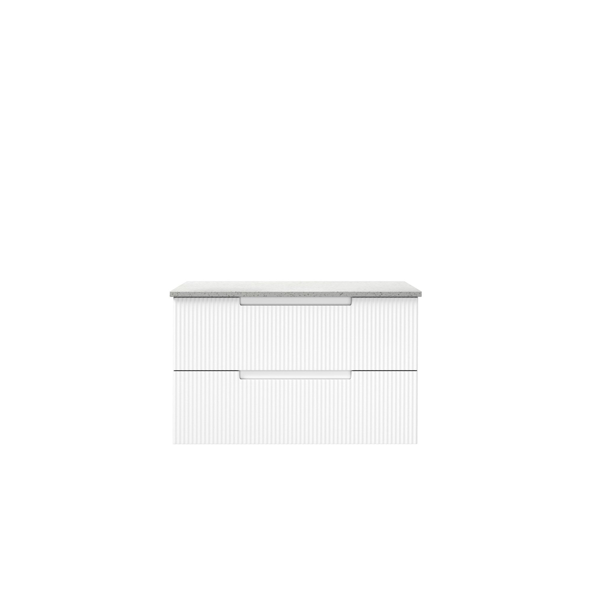 Aulic Verona Mark II wall hung vanity in matte white with V groove fronts, stone-look top and two drawers