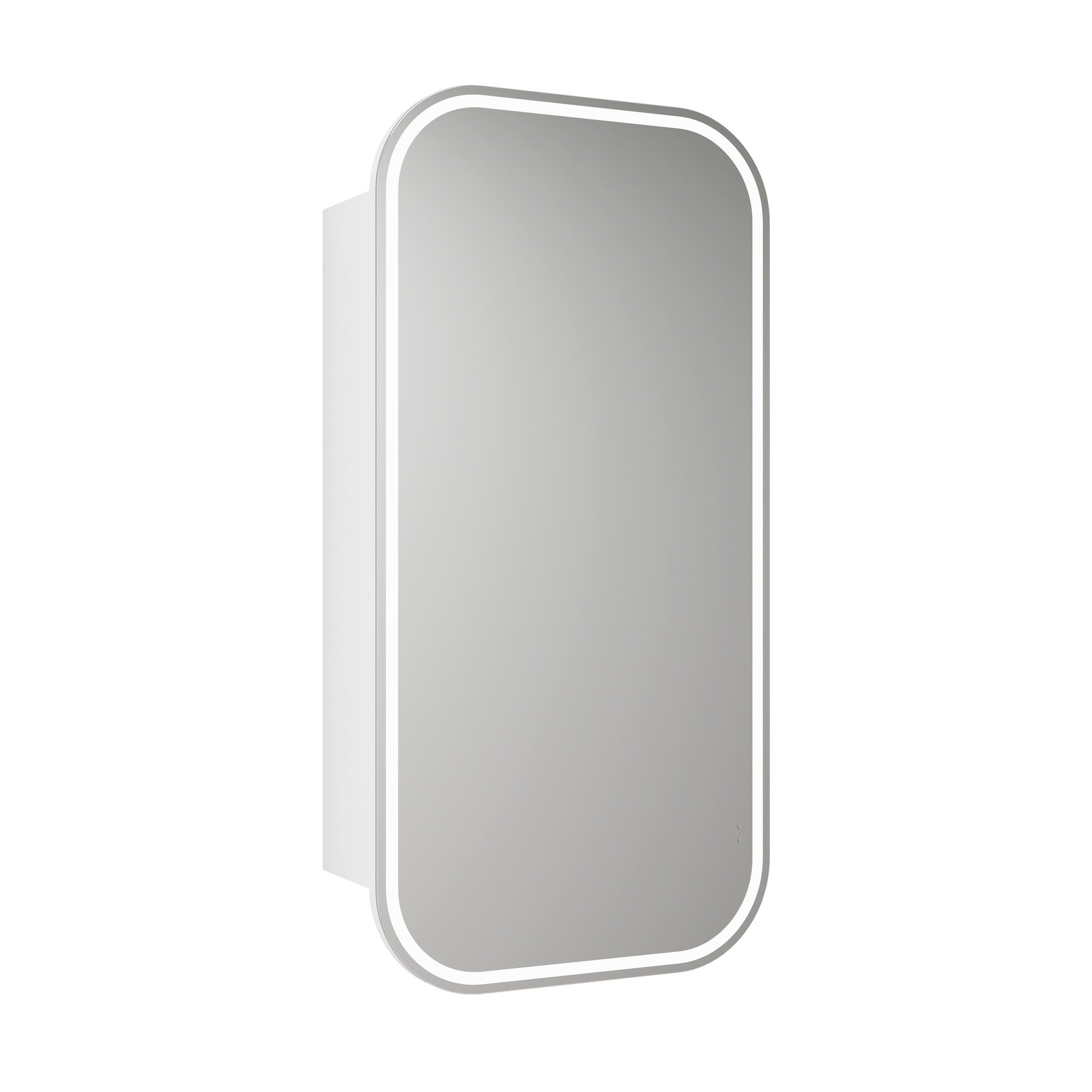 Aulic Vienna LED shaving cabinet, 450mm matte white, wall-mounted with rounded mirrored door and backlit frame