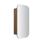 Aulic Vienna shaving cabinet, white mirrored door with walnut woodgrain side panel, wall-mounted rectangular rounded-edge cabinet