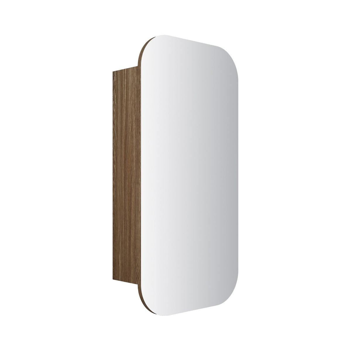 Aulic Vienna shaving cabinet, white mirrored door with walnut woodgrain side panel, wall-mounted rectangular rounded-edge cabinet