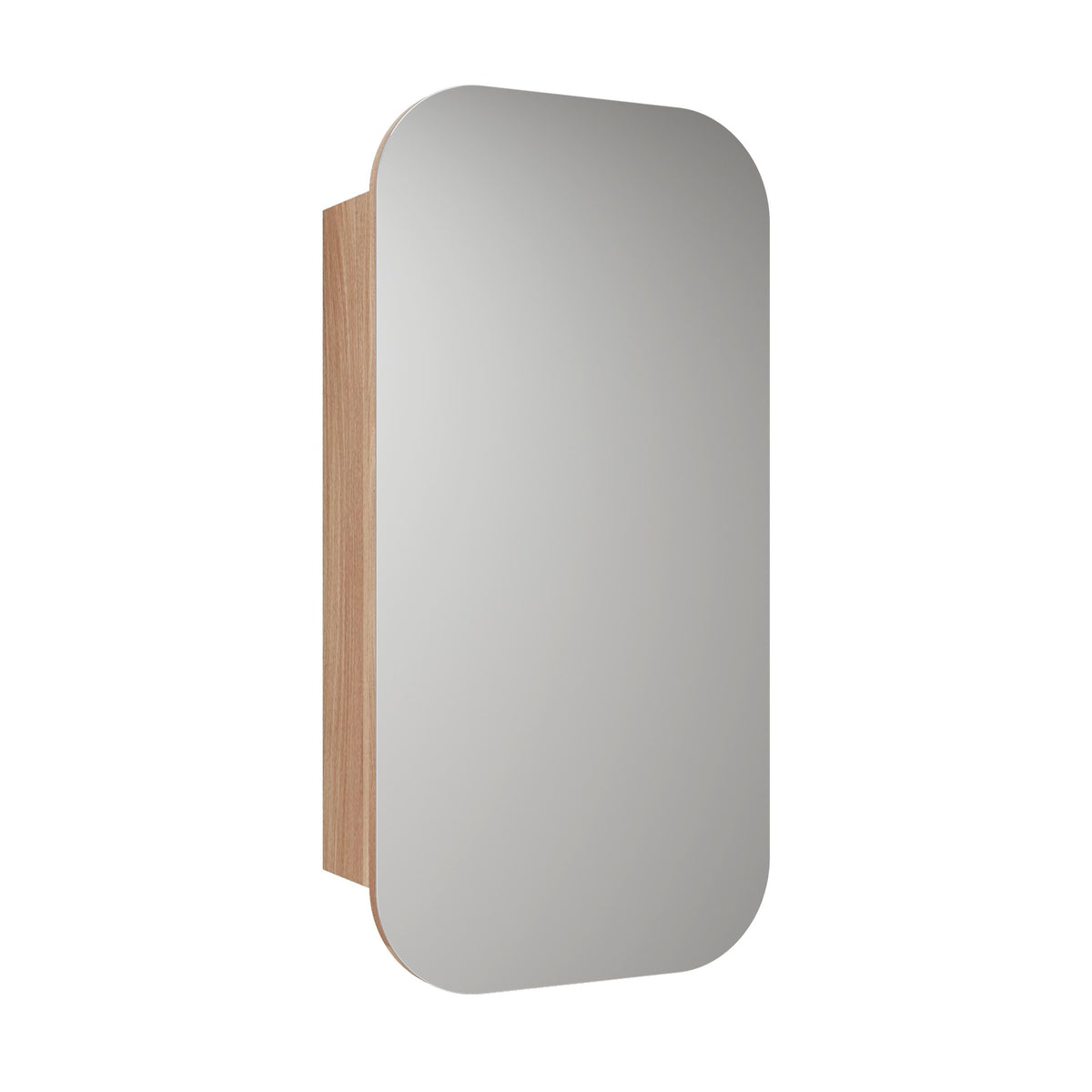 Aulic Vienna shaving cabinet with rounded mirrored front and woodgrain side panel, wall-mounted bathroom cabinet with mirror door