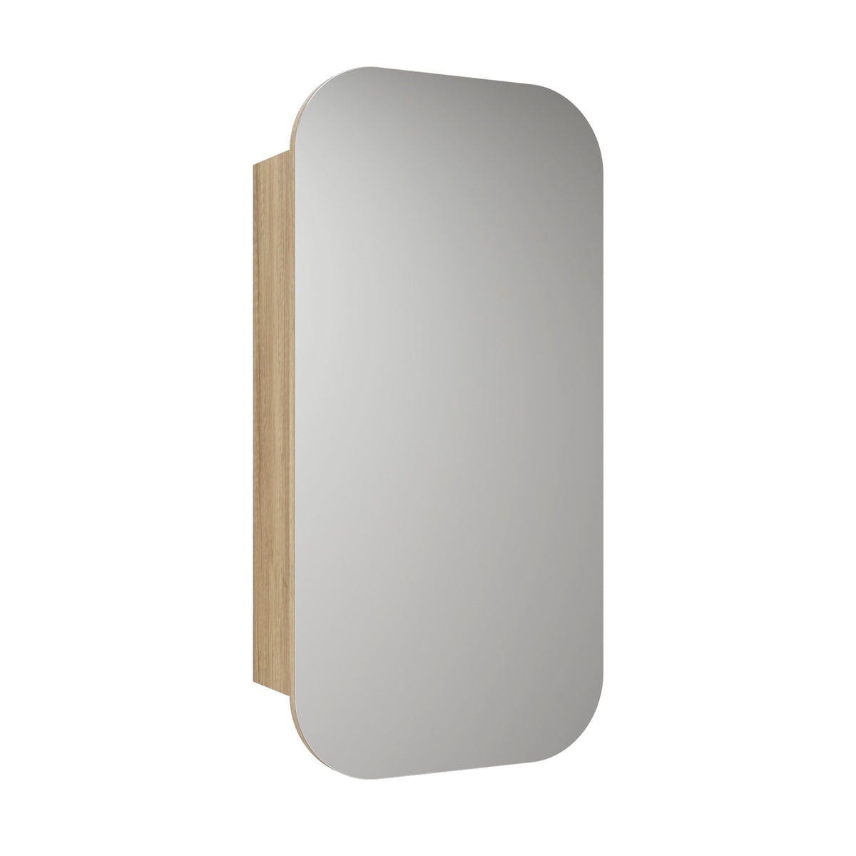 Aulic Vienna 450mm shaving cabinet in Harvest Oak with rounded mirrored door, wall-mounted front view