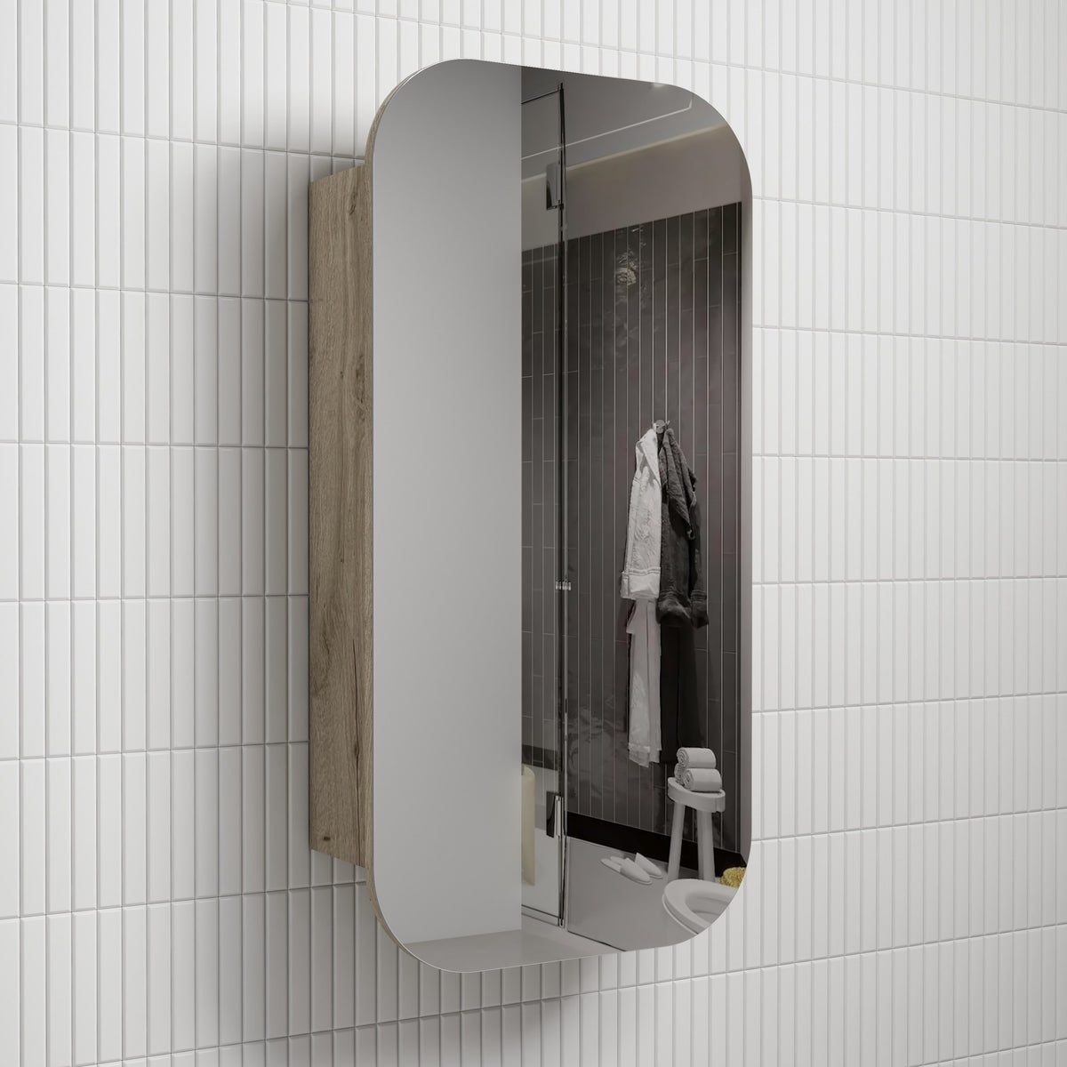Aulic Vienna shaving cabinet with rounded-arch mirrored door, white front and woodgrain side, wall-mounted in bathroom