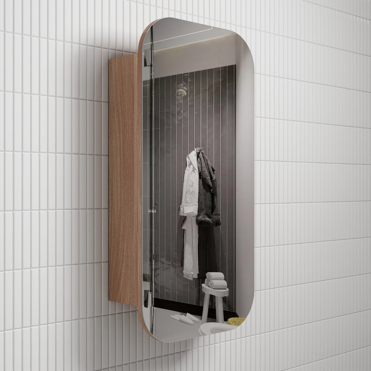 Aulic Vienna shaving cabinet with mirrored door and woodgrain side panel, wall mounted against white tiled bathroom wall