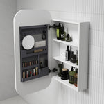 Aulic Vienna white shaving cabinet open, with mirrored door, organiser, shelves and bathroom storage inside on wall-mounted cabinet