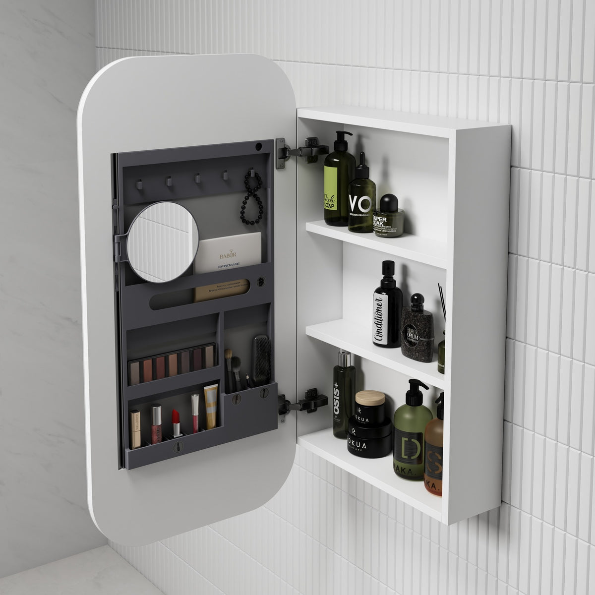 Aulic Vienna white shaving cabinet open, with mirrored door, organiser, shelves and bathroom storage inside on wall-mounted cabinet