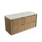 Aulic Voulari 1200mm wall hung vanity with Harvest Oak woodgrain drawers and light stone-look top, angled view