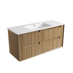 Aulic Voulari 1200mm wall hung vanity in Harvest Oak with white basin top, front view, featuring two drawers
