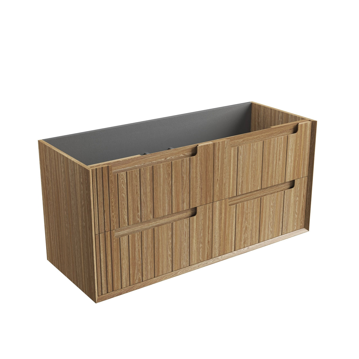 Aulic Voulari 1200mm wall hung vanity cabinet in Harvest Oak woodgrain, framed with two drawers and graphite interior, angled view
