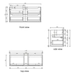 Technical drawing showing front, side and top views of Aulic Voulari 1200mm wall hung vanity dimensions