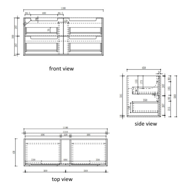 Technical drawing showing front, side and top views of Aulic Voulari 1200mm wall hung vanity dimensions