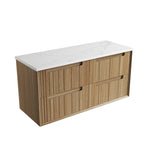 Aulic Voulari 1200mm wall hung vanity in woodgrain finish with white stone top and two drawers, angled view