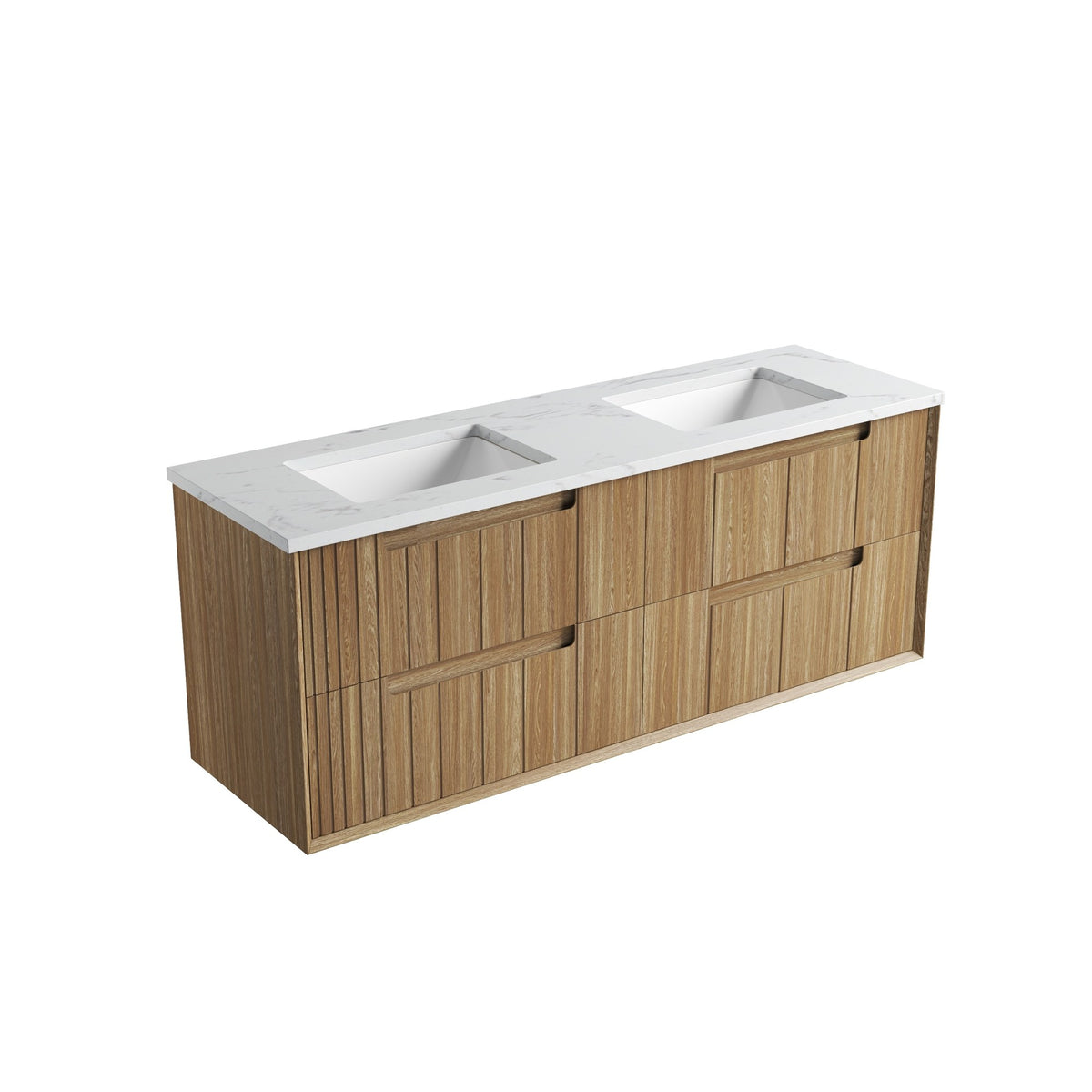 Aulic Voulari 1500mm wall hung double bowl vanity in Harvest Oak with white top and drawers