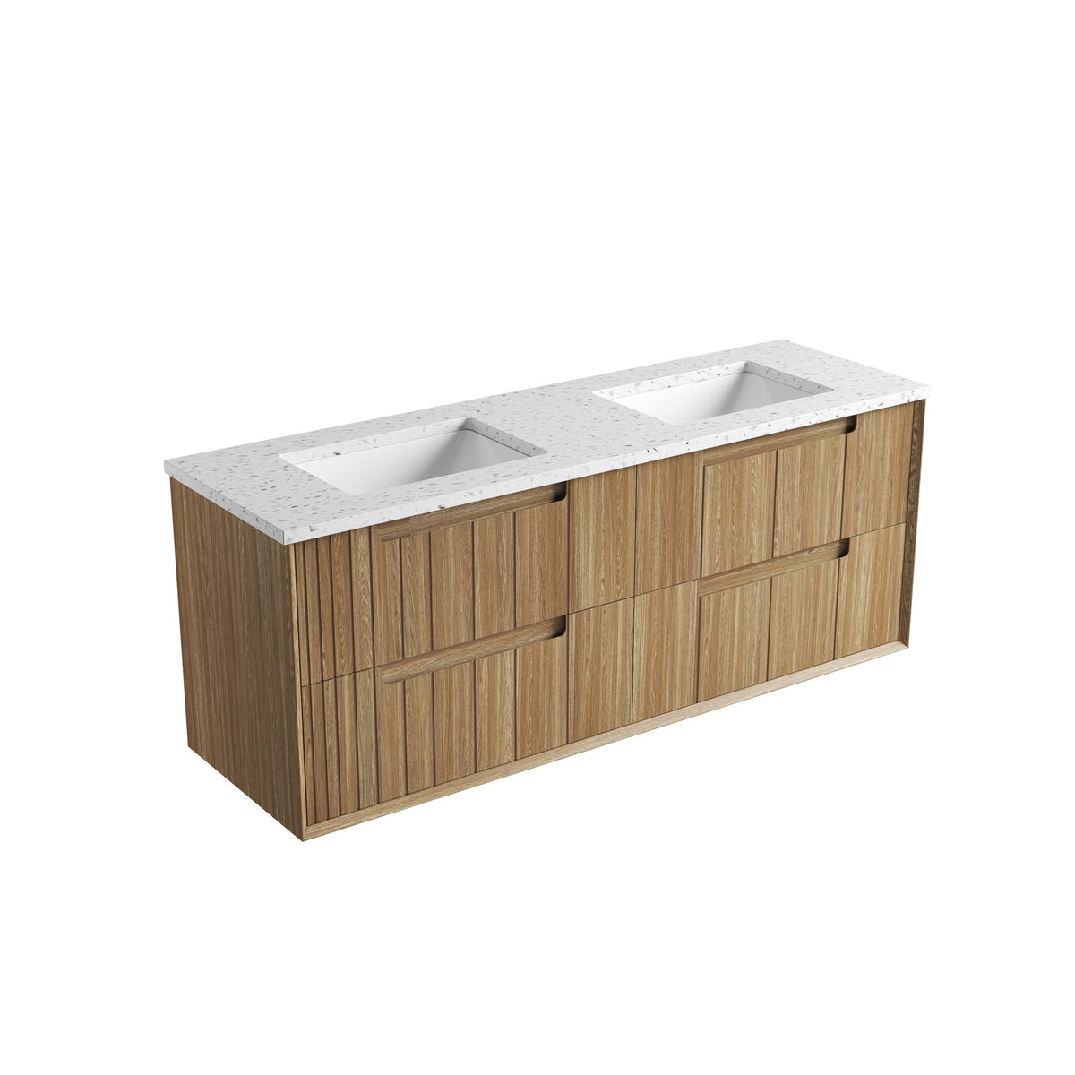 Aulic Voulari 1500mm wall-hung vanity with double bowl, Harvest Oak woodgrain drawers and white stone-look top