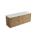 Aulic Voulari wall hung vanity in Harvest Oak woodgrain with white stone-look top, two drawers, angled view