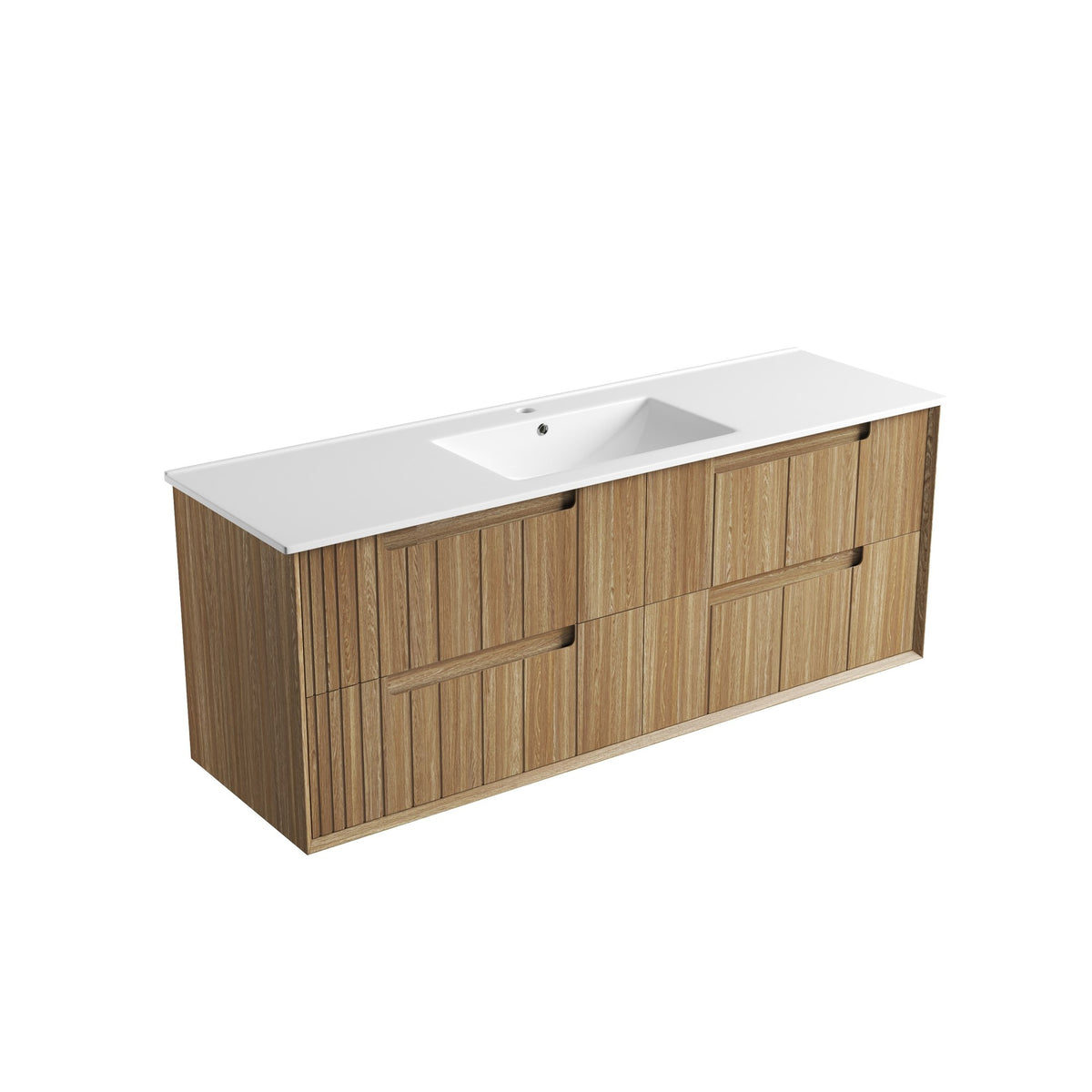Aulic Voulari 1500mm wall hung vanity in Harvest Oak with white single basin top, angled view