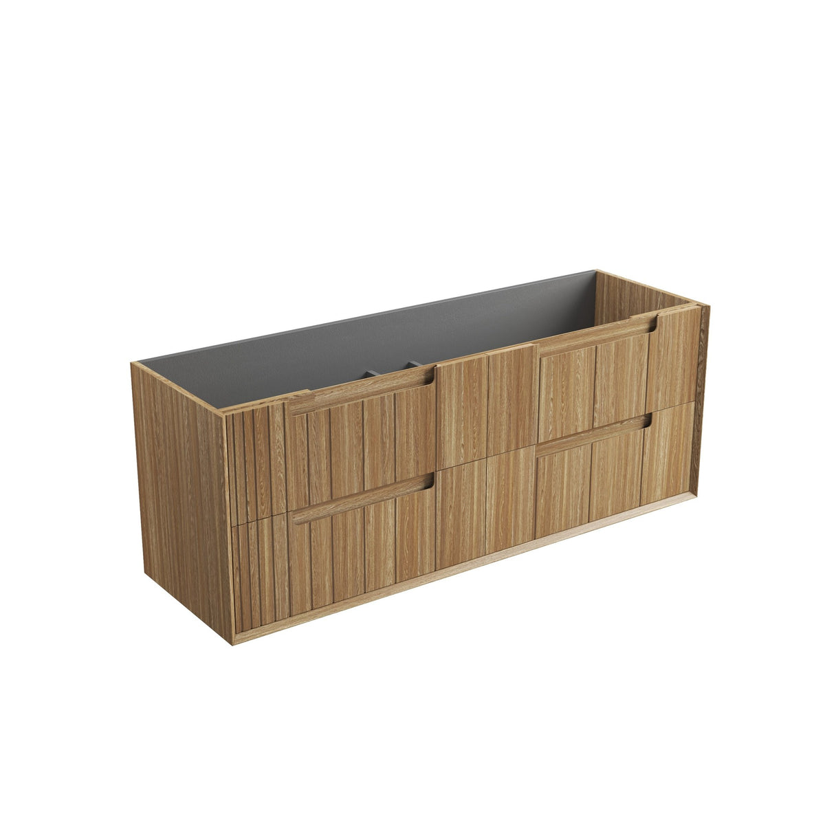 Aulic Voulari wall hung vanity cabinet in Harvest Oak woodgrain, framed front, graphite interior, three-drawer design, angled view