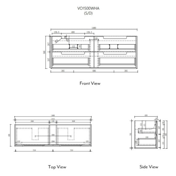 Technical drawing of Aulic Voulari 1500mm wall hung vanity, showing front, top and side views with dimensions