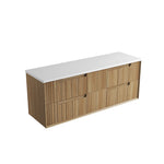 Aulic Voulari wall hung vanity in Harvest Oak, shown with a white top and double drawers in 3/4 view