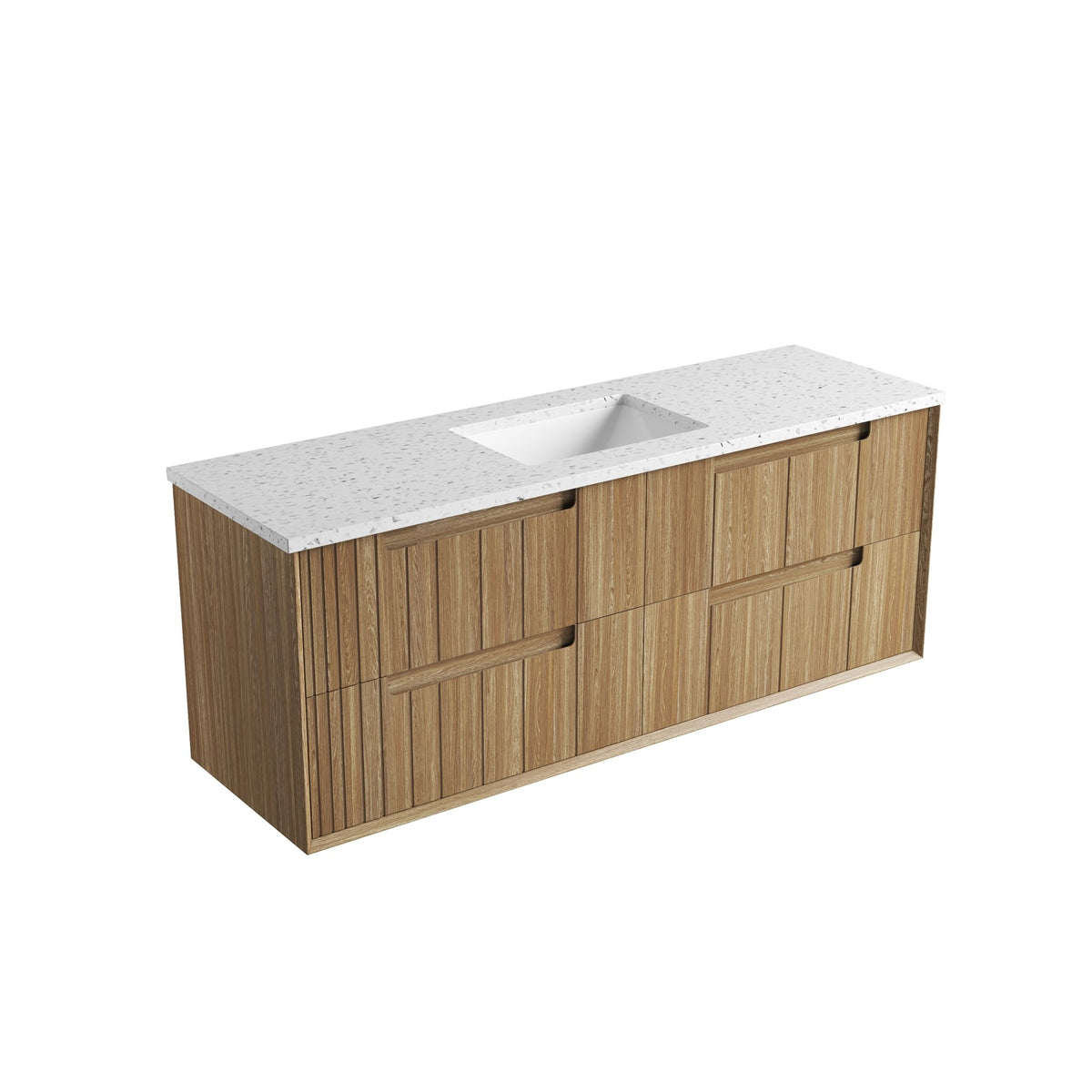 Aulic Voulari 1500mm wall hung vanity with Harvest Oak drawers and white stone-look top, single centred basin