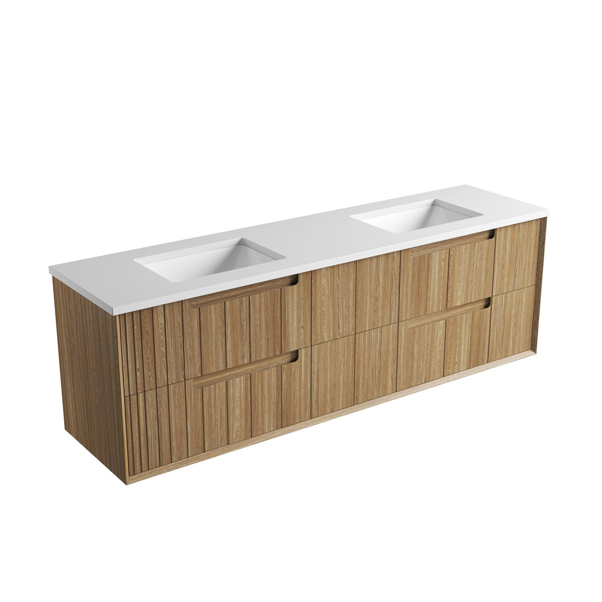 Aulic Voulari woodgrain wall hung double vanity with white stone top and two basins, angled view