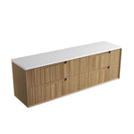 Aulic Voulari wall-hung vanity in Harvest Oak woodgrain with white stone top, angled view, no basins shown