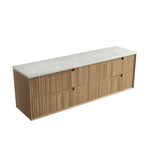 Aulic Voulari wall hung vanity with Harvest Oak woodgrain drawers and white stone-look top, angled view