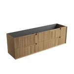 Aulic Voulari wall hung vanity cabinet in Harvest Oak woodgrain, angled view with graphite interior and drawer fronts