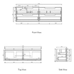 Aulic Voulari 1800mm wall hung vanity technical drawing with front, top and side views, double bowl layout and drawer dimensions