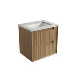 Aulic Voulari 750mm wall hung vanity with Alpine White flat stone top and woodgrain drawers, angled view