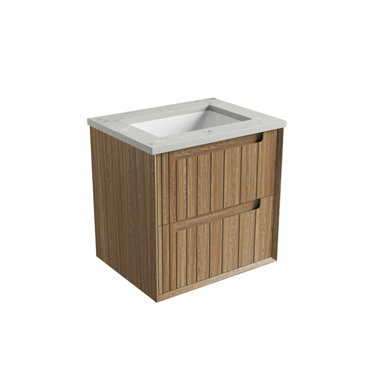 Aulic Voulari 750mm wall hung vanity with Alpine White flat stone top and woodgrain drawers, angled view