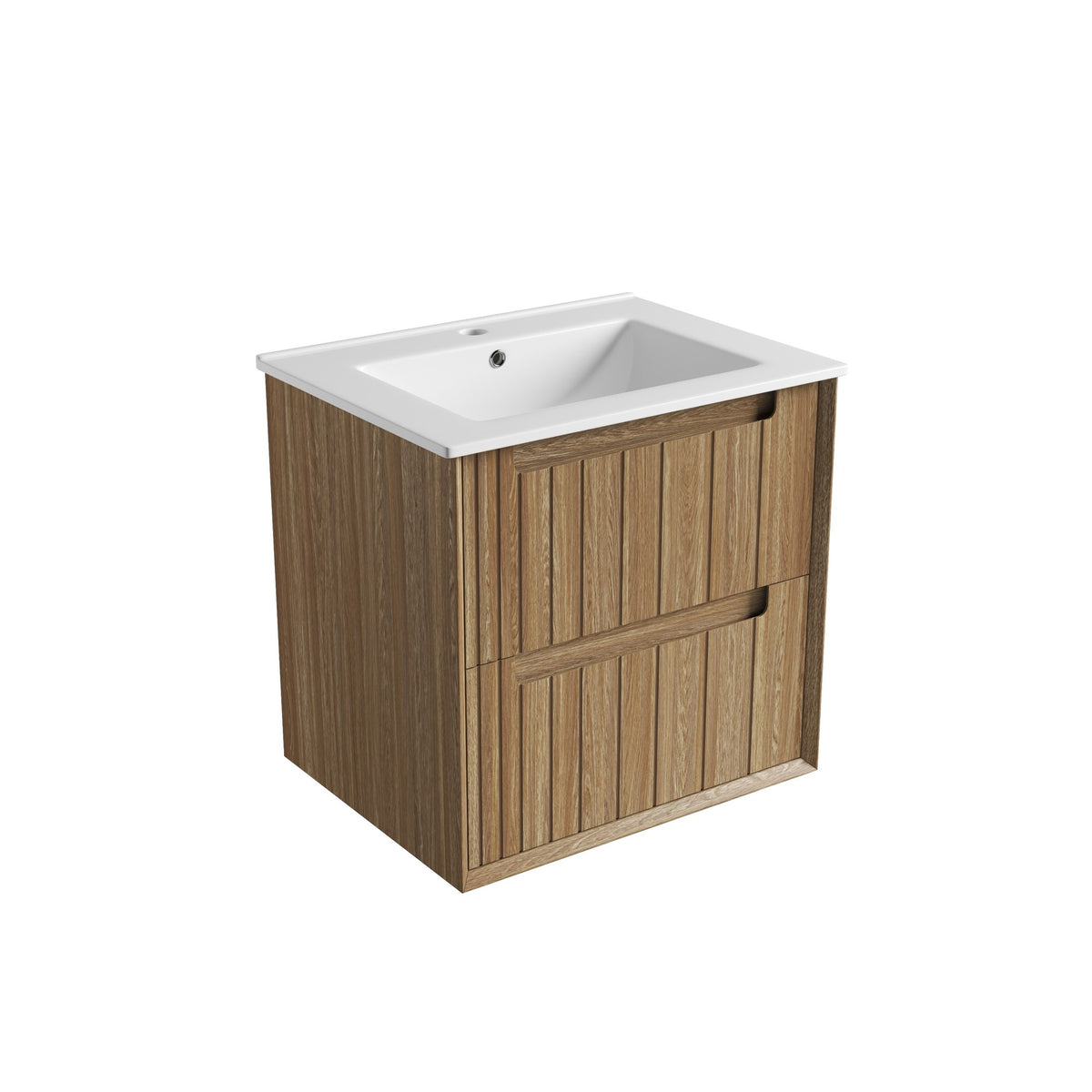 Aulic Voulari wall hung vanity in Harvest Oak with Cato stone top and undermount basin, front view, 750mm, woodgrain drawers