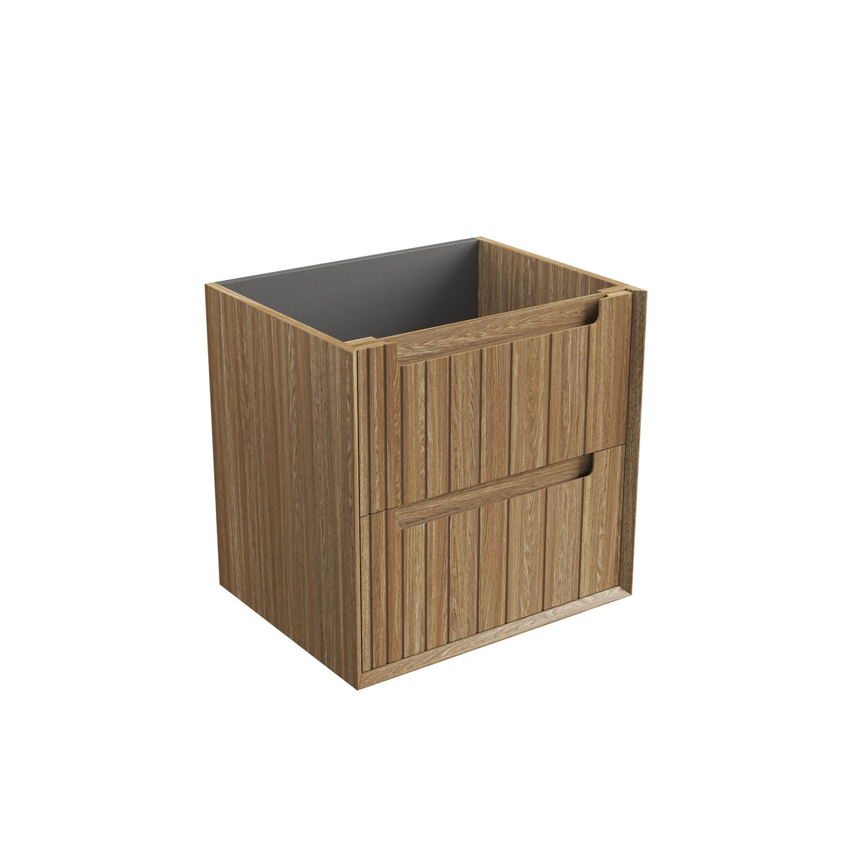Aulic Voulari framed wall hung vanity in woodgrain Harvest Oak, 750mm, with two drawers and graphite interior, angled view
