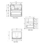 Technical drawing of Aulic Voulari 600mm wall hung vanity, front, side and top views with dimensions, in white finish.