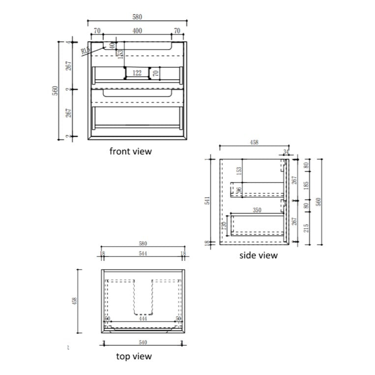 Technical drawing of Aulic Voulari 600mm wall hung vanity, front, side and top views with dimensions, in white finish.