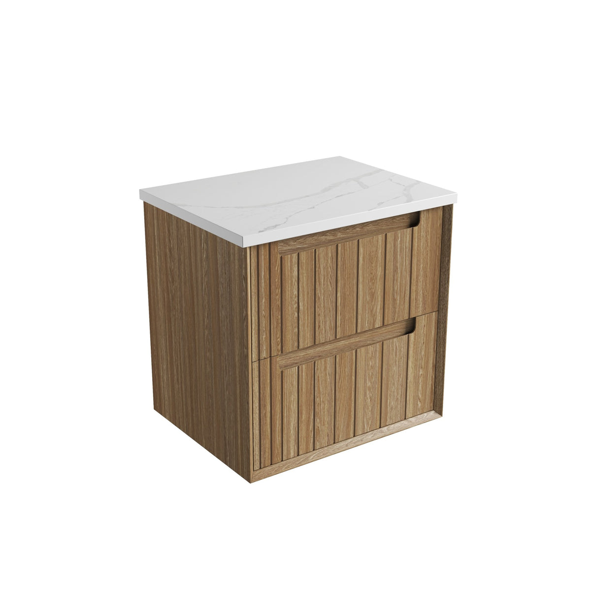 Aulic Voulari wall hung vanity in harvest oak with Alpine White stone top and undermount basin, angled view