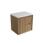 Aulic Voulari wall hung vanity with flat white top and Harvest Oak woodgrain drawers, angled view