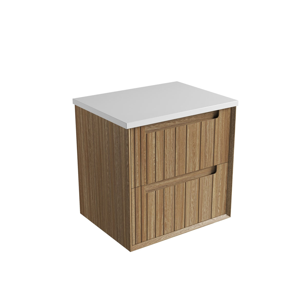 Aulic Voulari wall hung vanity with flat white top and Harvest Oak woodgrain drawers, angled view