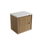 Aulic Voulari wall hung vanity with woodgrain drawers and white stone top, angled front view