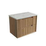Aulic Voulari wall hung vanity in Harvest Oak woodgrain with white stone-look top, angled view