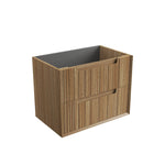 Aulic Voulari wall hung vanity cabinet in Harvest Oak woodgrain with graphite interior and two drawers, angled view