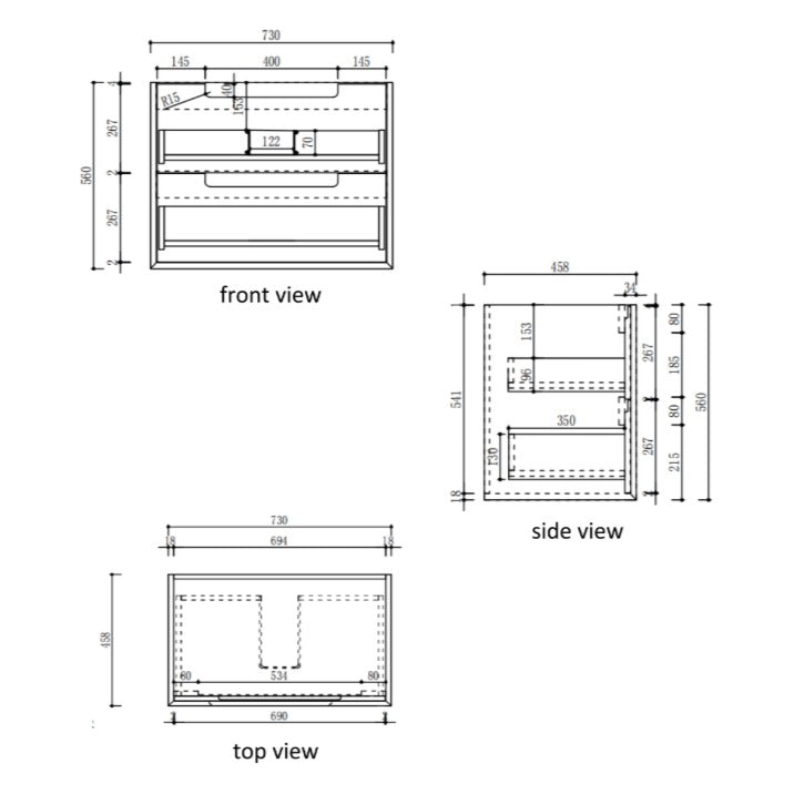 Technical drawing of Aulic Voulari 750mm wall hung vanity, showing front, side and top views with dimensions