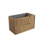 Aulic Voulari wall hung vanity cabinet in Harvest Oak woodgrain, angled view with graphite interior and two handle-less drawers