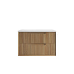 Aulic Voulari wall hung vanity, woodgrain finish with white top, front view with two drawers