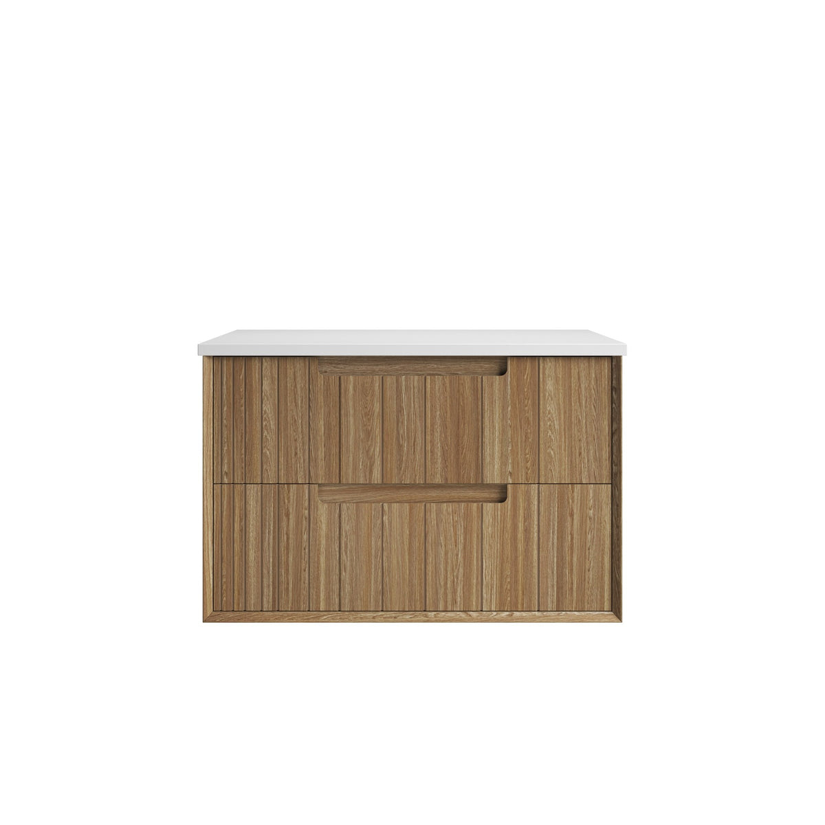 Aulic Voulari wall hung vanity, woodgrain finish with white top, front view with two drawers