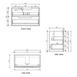 Technical drawing of Aulic Voulari 900mm wall hung vanity, showing front, side and top views with dimensions