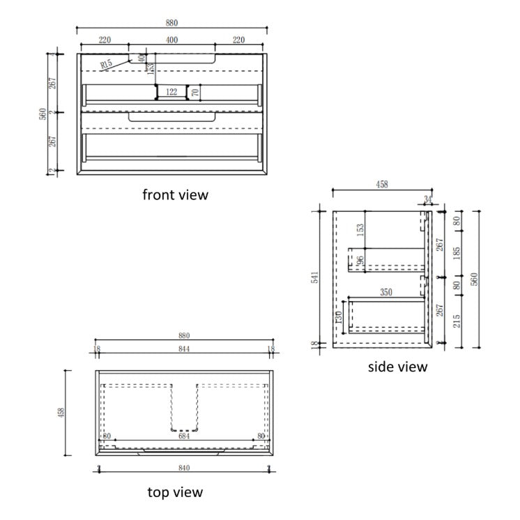 Technical drawing of Aulic Voulari 900mm wall hung vanity, showing front, side and top views with dimensions