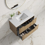 Aulic Voulari wall hung vanity in Harvest Oak with white stone top and dual drawers in a bathroom setting