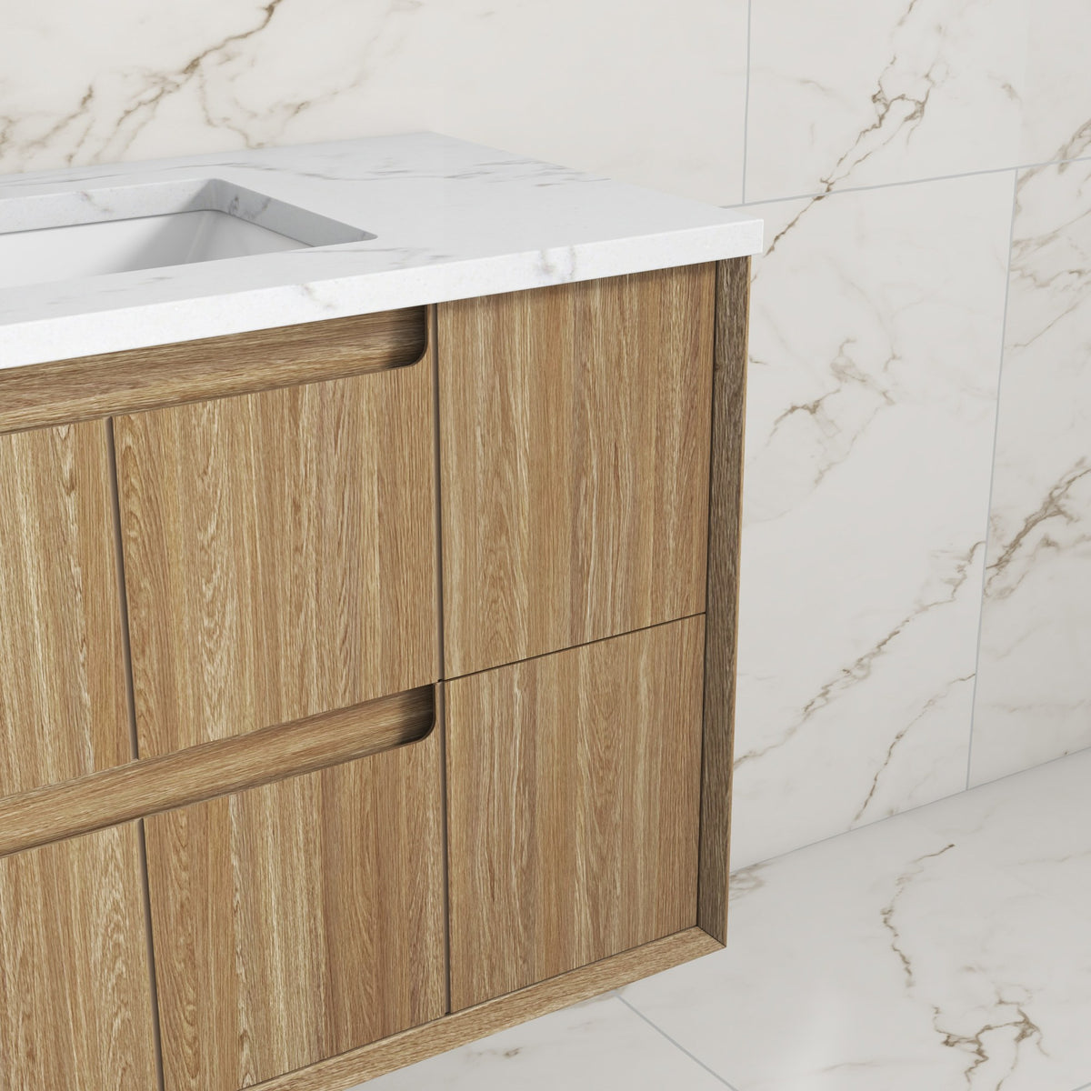 Aulic Voulari wall hung vanity in Harvest Oak, with white stone-look top and drawers in a bathroom setting